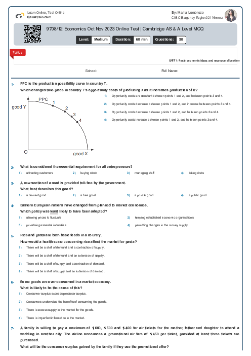 9708/12 Economics Oct Nov 2023 Online Test | Cambridge AS & A Level MCQ