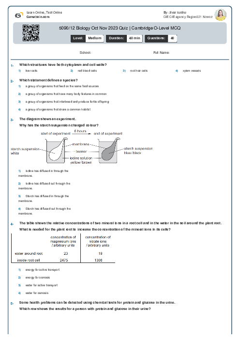 5090/12 Biology Oct Nov 2023 Quiz | Cambridge O-Level MCQ