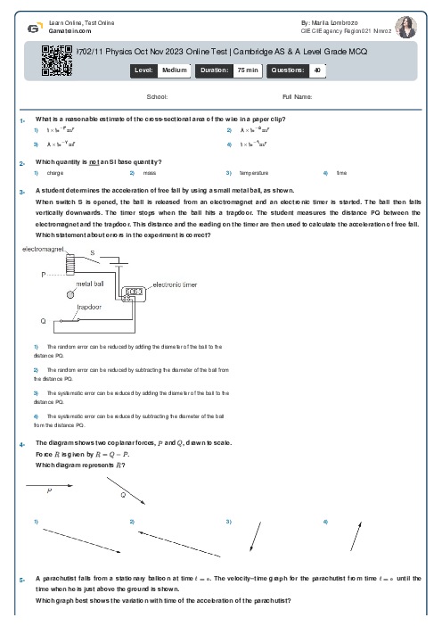 9702/11 Physics Oct Nov 2023 Online Test | Cambridge AS & A Level Grade MCQ