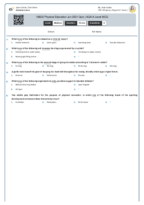  7582/2 Physical Education Jun 2021 Quiz | AQA A Level MCQ