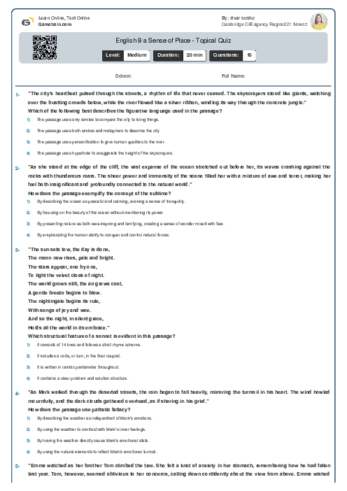  English 9 | a Sense of Place - Topical Quiz