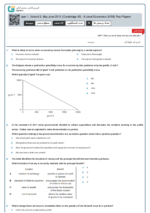 9708/13 Economics May Jun 2013 Online Test | Cambridge AS and A Level MCQ