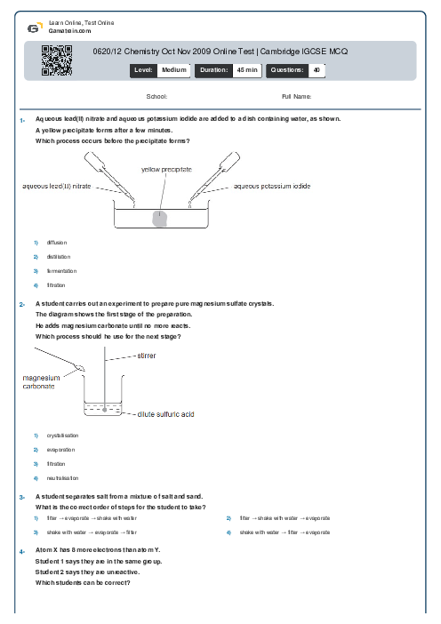 0620/12 Chemistry Oct Nov 2009 Online Test | Cambridge IGCSE MCQ