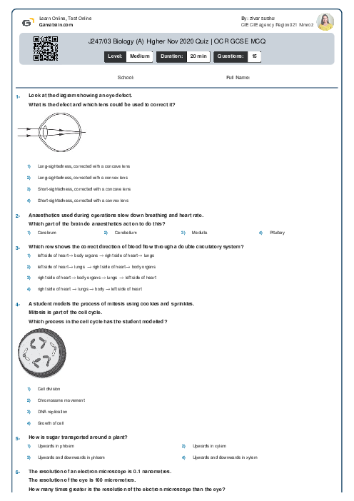 J247/03 Biology (A) Higher Nov 2020 Quiz | OCR GCSE MCQ
