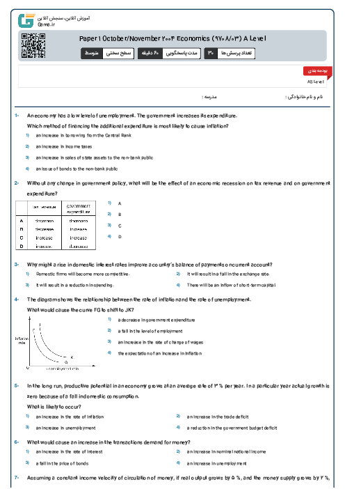 Paper 1 October/November 2004 Economics (9708/03) A Level