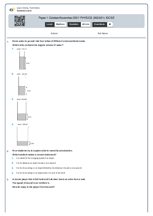 Paper 1 October/November 2007 PHYSICS (0625/01) IGCSE