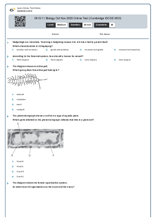 0610/11 Biology Oct Nov 2020 Online Test | Cambridge IGCSE MCQ