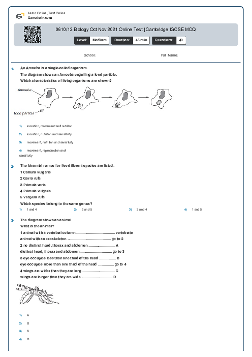 0610/13 Biology Oct Nov 2021 Online Test | Cambridge IGCSE MCQ