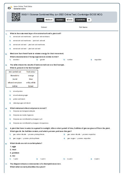 0653/11 Science Combined May Jun 2022 Online Test | Cambridge IGCSE MCQ