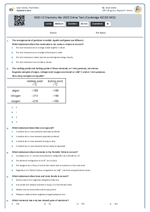 0620/12 Chemistry Mar 2023 Online Test | Cambridge IGCSE MCQ