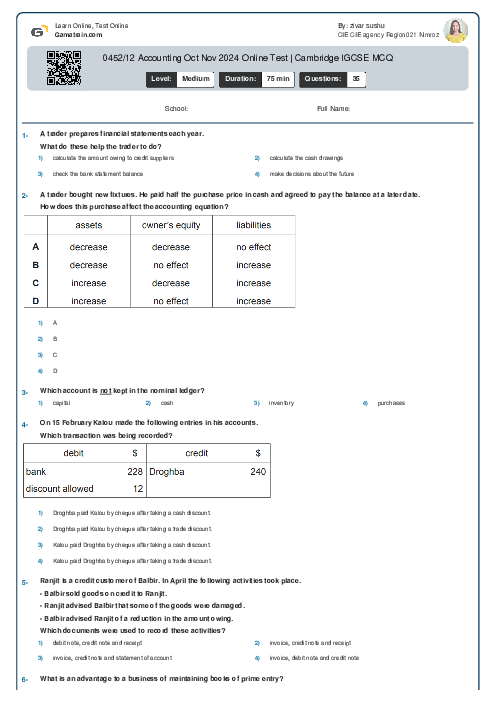 0452/12 Accounting Oct Nov 2024 Online Test | Cambridge IGCSE MCQ