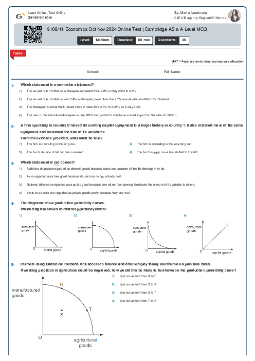 9708/11 Economics Oct Nov 2024 Online Test | Cambridge AS & A Level MCQ