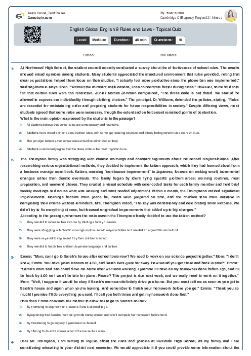 English Global English 9 Rules and Laws - Topical Quiz