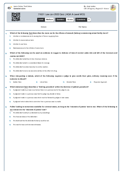  7162/1 Law Jun 2022 Quiz | AQA A Level MCQ
