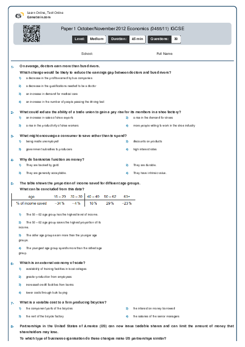 Paper 1 October/November 2012 Economics (0455/11) IGCSE
