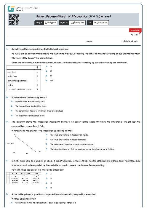 Paper 1 February/March 2016 Economics (9708/12) A Level