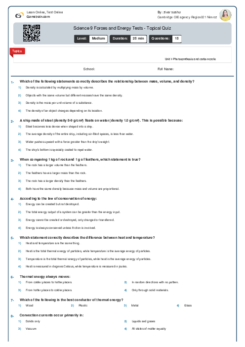 Science 9 Forces and Energy Tests - Topical Quiz