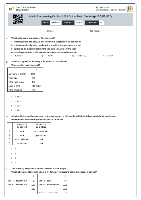 0452/12 Accounting Oct Nov 2023 Online Test | Cambridge IGCSE MCQ