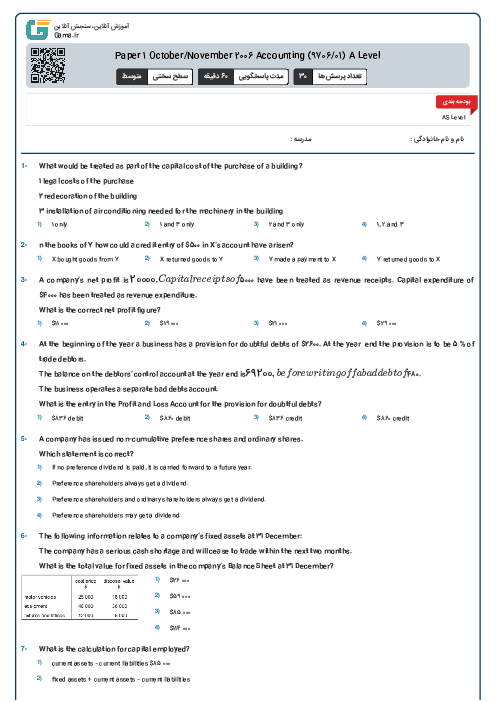 Paper 1 October/November 2006 Accounting (9706/01) A Level