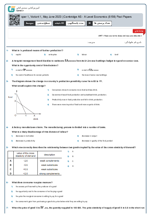 9708/11 Economics May Jun 2023 Online Test | Cambridge AS and A Level MCQ