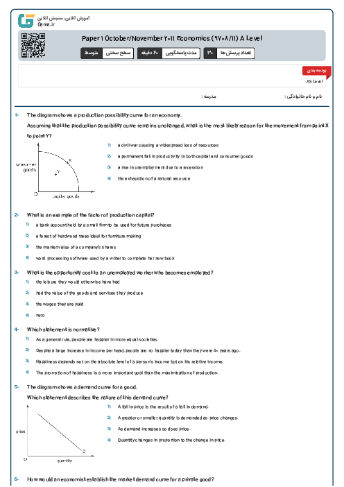 Paper 1 October/November 2011 Economics (9708/11) A Level