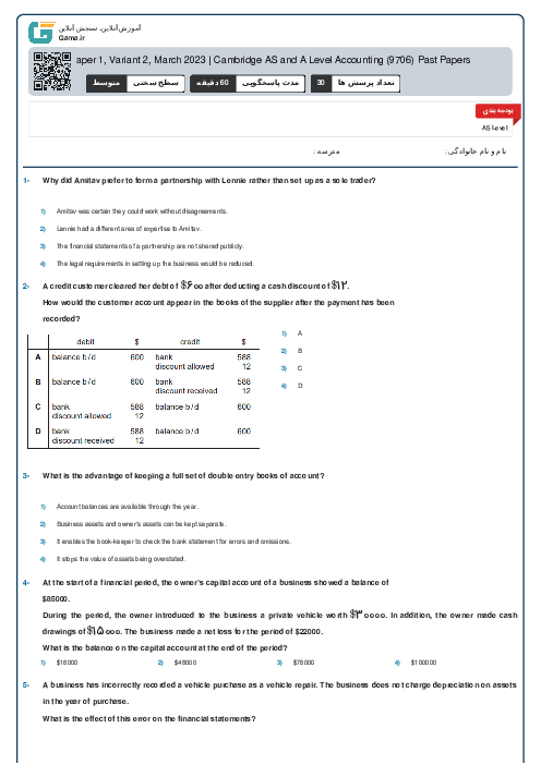 9706/12 Accounting Feb Mar 2023 Online Test | Cambridge AS and A Level MCQ