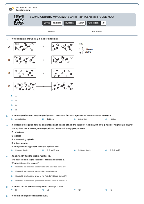 0620/12 Chemistry May Jun 2012 Online Test | Cambridge IGCSE MCQ