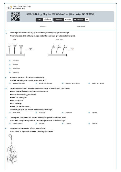 0610/13 Biology May Jun 2020 Online Test | Cambridge IGCSE MCQ