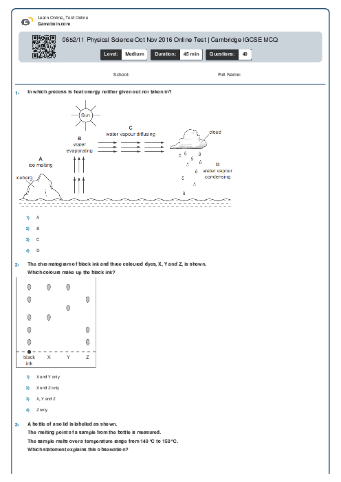 0652/11 Physical Science Oct Nov 2016 Online Test | Cambridge IGCSE MCQ