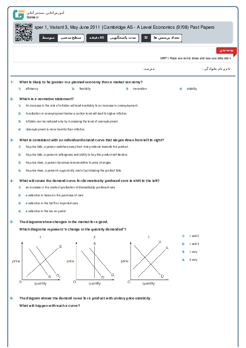 9708/13 Economics May Jun 2011 Online Test | Cambridge AS and A Level MCQ