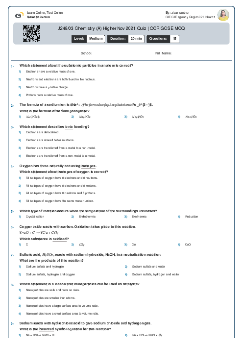 J248/03 Chemistry (A) Higher Nov 2021 Quiz | OCR GCSE MCQ