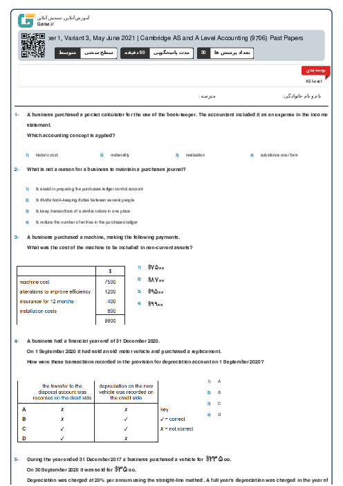 9706/13 Accounting May Jun 2021 Online Test | Cambridge AS and A Level MCQ