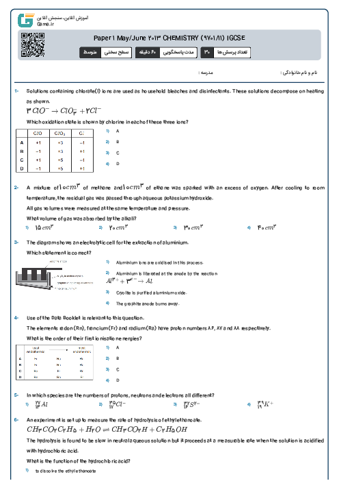 Paper 1 May/June 2013 CHEMISTRY (9701/11) IGCSE