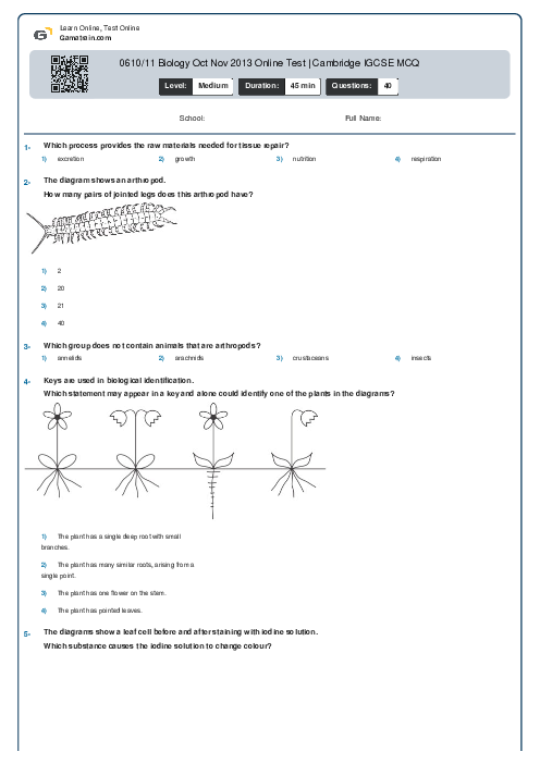 0610/11 Biology Oct Nov 2013 Online Test | Cambridge IGCSE MCQ
