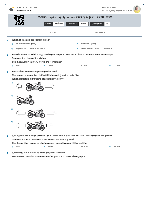  J249/03 Physics (A) Higher Nov 2020 Quiz | OCR GCSE MCQ