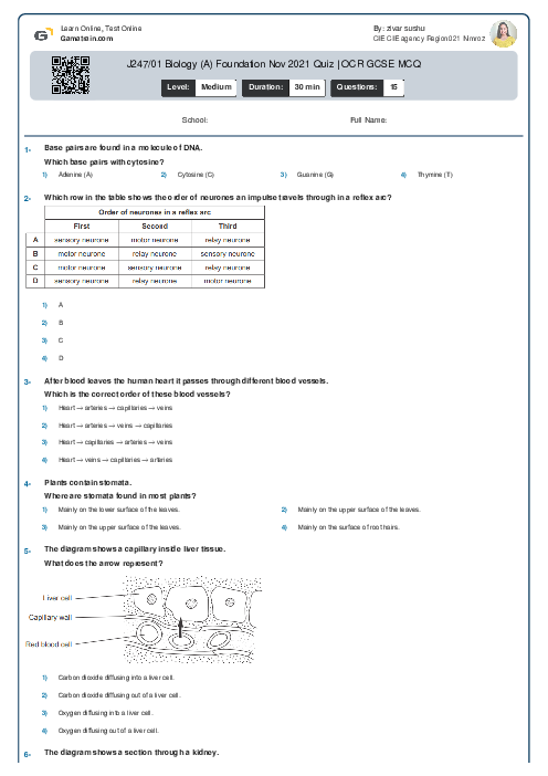 J247/01 Biology (A) Foundation Nov 2021 Quiz | OCR GCSE MCQ
