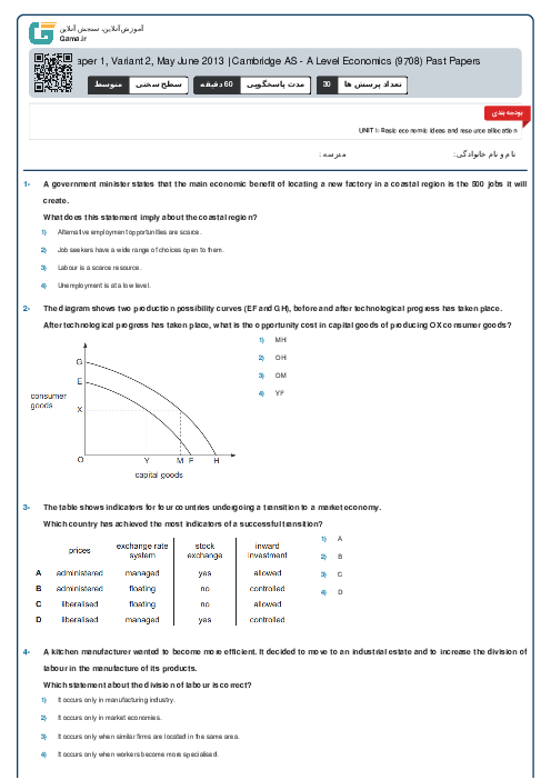 9708/12 Economics May Jun 2013 Online Test | Cambridge AS and A Level MCQ