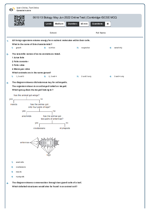 0610/13 Biology May Jun 2022 Online Test | Cambridge IGCSE MCQ