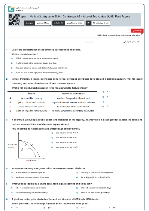 9708/13 Economics May Jun 2014 Online Test | Cambridge AS and A Level MCQ