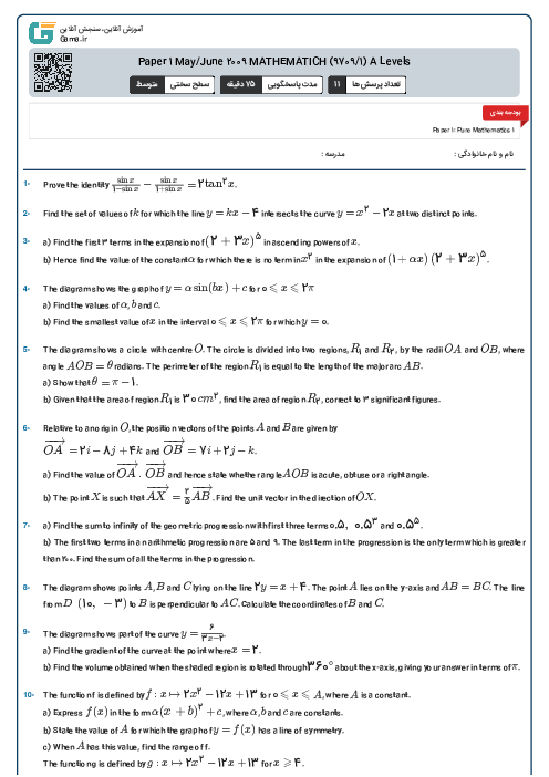 Paper 1 May/June 2009 MATHEMATICH (9709/1) A Levels