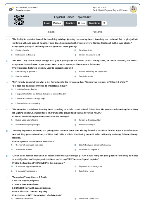  English 8 | Heroes - Topical Quiz