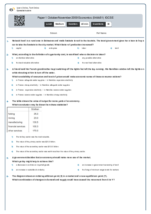 Paper 1 October/November 2009 Economics (0455/01) IGCSE