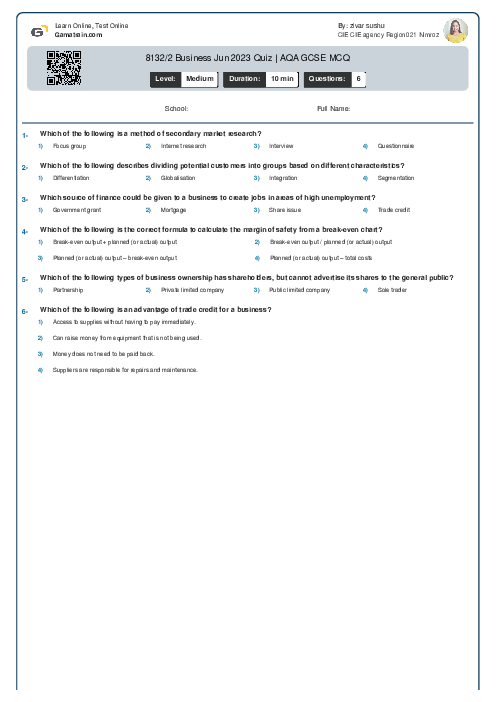 8132/2 Business Jun 2023 Quiz | AQA GCSE MCQ