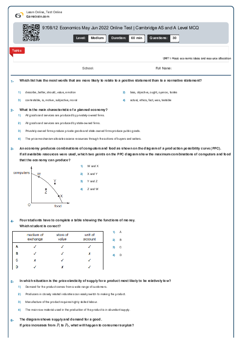 9708/12 Economics May Jun 2022 Online Test | Cambridge AS and A Level MCQ