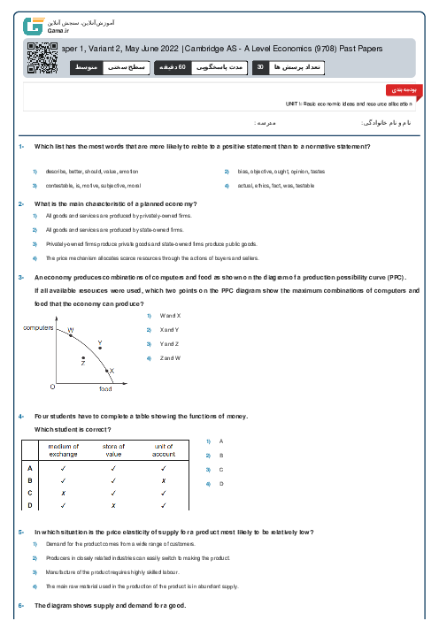 9708/12 Economics May Jun 2022 Online Test | Cambridge AS and A Level MCQ