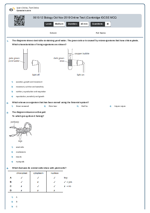 0610/12 Biology Oct Nov 2019 Online Test | Cambridge IGCSE MCQ