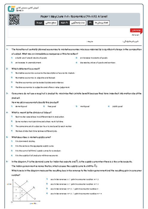 Paper 1 May/June 2020 Economics (9708/11) A Level