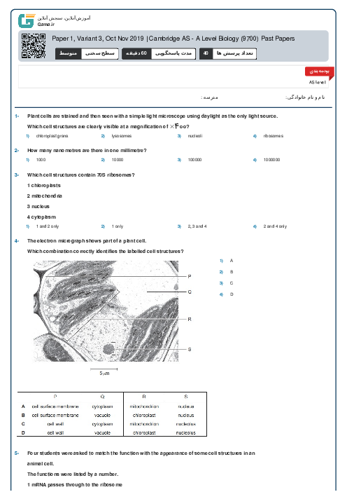 9700/13 Biology Oct Nov 2019 Online Test | Cambridge AS and A Level MCQ