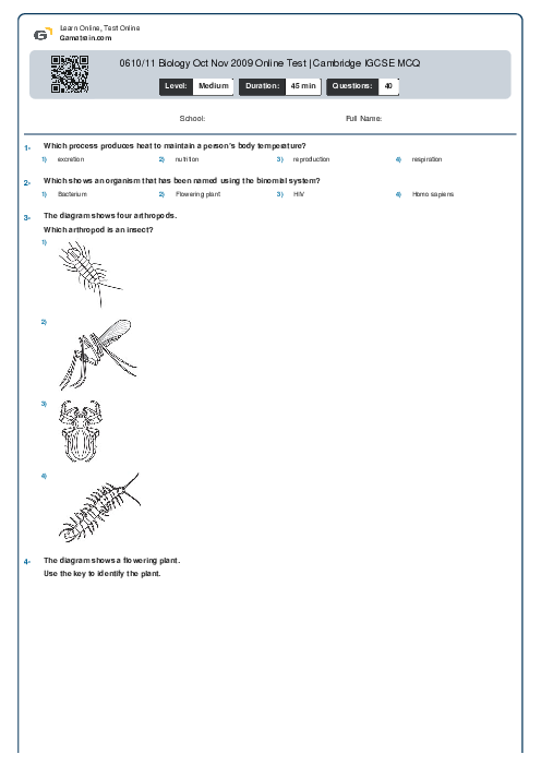 0610/11 Biology Oct Nov 2009 Online Test | Cambridge IGCSE MCQ