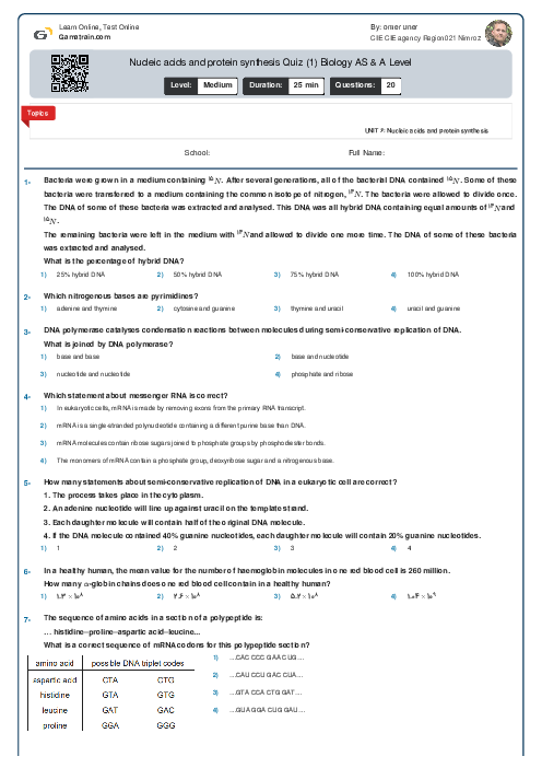 Nucleic acids and protein synthesis Quiz (1) Biology AS Level